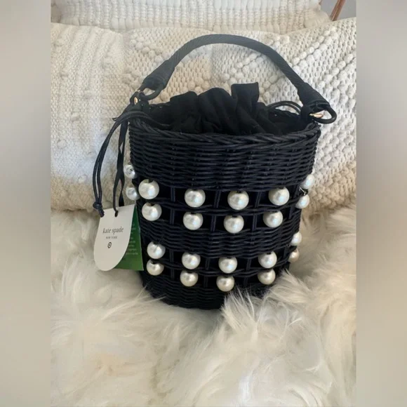 Kate Spade X Target Pearl Embellished Black Basket Bucket Bag - Picture 2 of 3